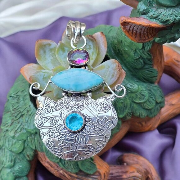 Mystic Fire Topaz, Larimar & Swiss Blue Topaz Forged In Sterling Silver Pendant - Picture 10 of 15